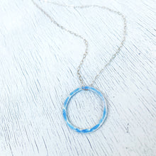 Load image into Gallery viewer, Sky Blue fine silver enamel open circle karma eternity necklace with sterling silver chain