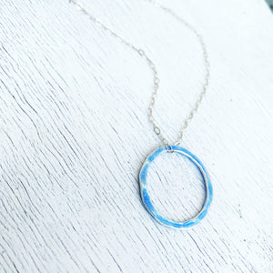 Sky Blue fine silver enamel open circle karma eternity necklace with sterling silver chain