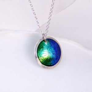 Ocean colors fine silver enamel round domed necklace, green and aqua blue enamel