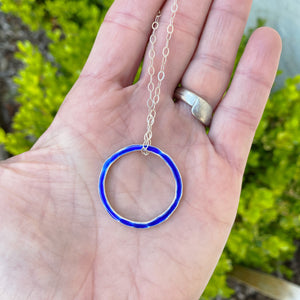 royal blue fine silver open circle karma eternity necklace with sterling silver chain seaside harmony jewelry