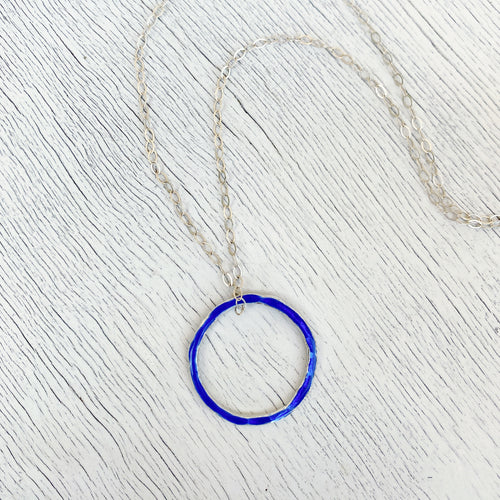 royal blue fine silver open circle karma eternity necklace with sterling silver chain seaside harmony jewelry