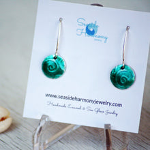 Load image into Gallery viewer, Seagreen fine Silver enamel spiral texture earrings, 1/2 inch diameter