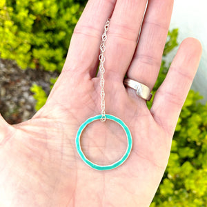 Seagreen fine silver enamel open circle karma eternity necklace with sterling silver chain