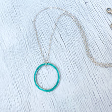 Load image into Gallery viewer, Seagreen fine silver enamel open circle karma eternity necklace with sterling silver chain