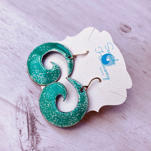 Seagreen over white Spiral enamel earrings- Geometric