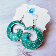 Load image into Gallery viewer, Seagreen over white Spiral enamel earrings- Geometric