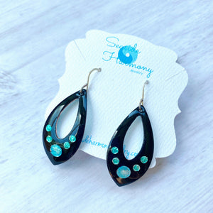 Black open teardrop enamel earrings with silver aqua and seagreen bubbles