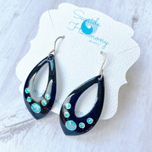 Load image into Gallery viewer, Black open teardrop enamel earrings with silver aqua and seagreen bubbles