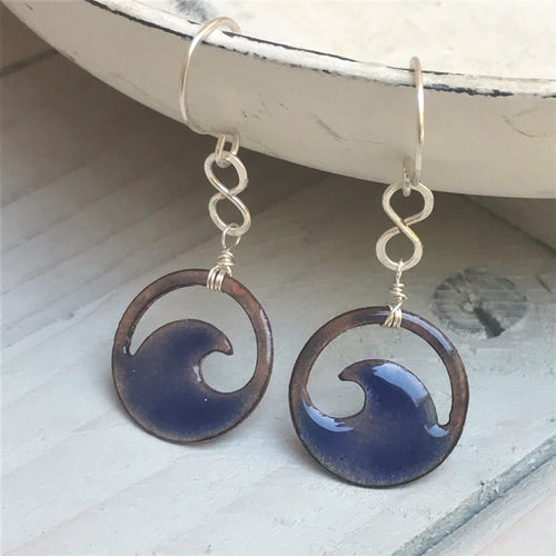 Transparent Royal Blue Copper enamel wave eternity earrings