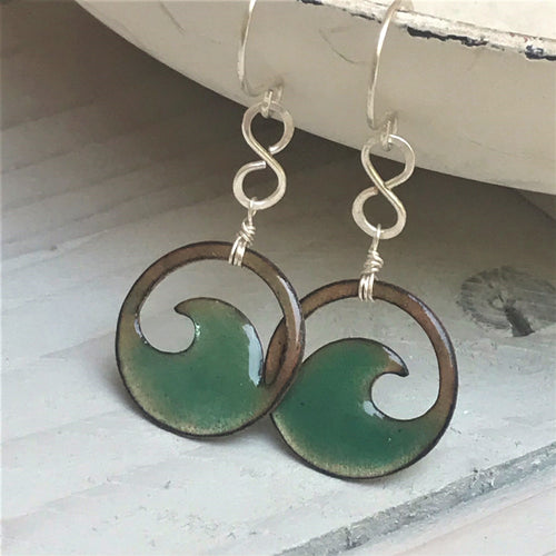 Transparent Seagreen Copper enamel wave eternity earrings