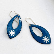 Load image into Gallery viewer, festive teardrop blue earrings with silver snowflakes