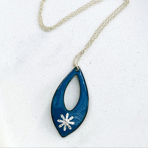 festive blue enamel silver snowflake necklace with silver chain