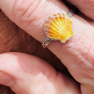 Enamel Sunrise Seashell Silver Ring with swirl stamped band - Seaside Harmony Jewelry